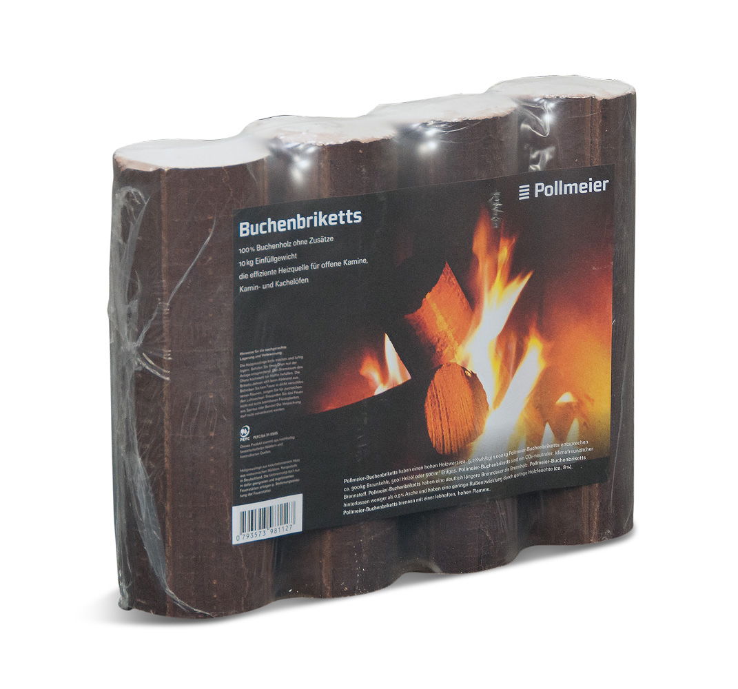 Pakke med Pollmeier bøgebriketter til optænding