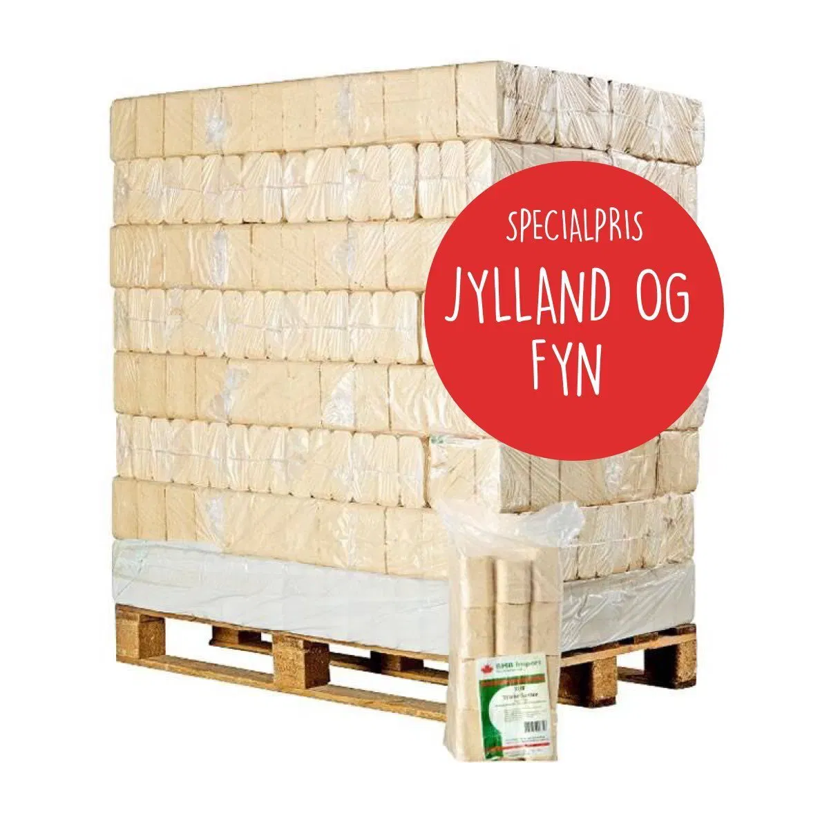 Palle med træbriketter i plast, tilbud Jylland og Fyn