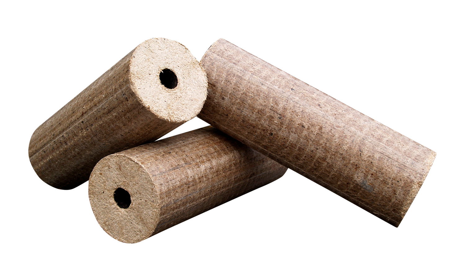 Cylindriske træbriketter med hul til brændeovn