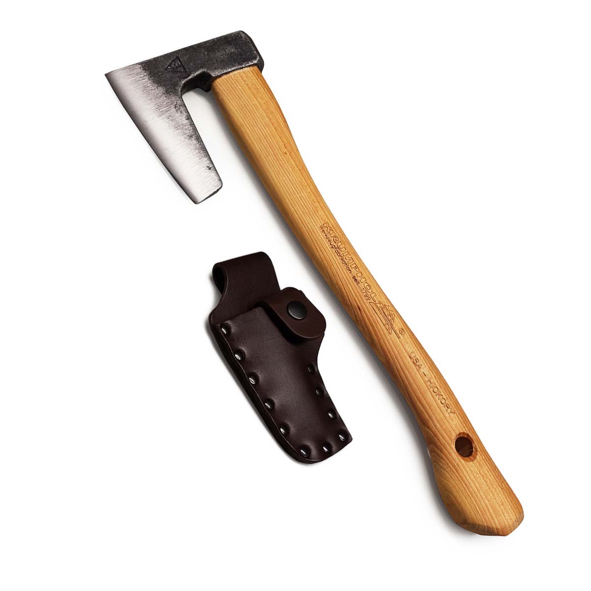 Lille tømrerøkse med træskaft og læderskede