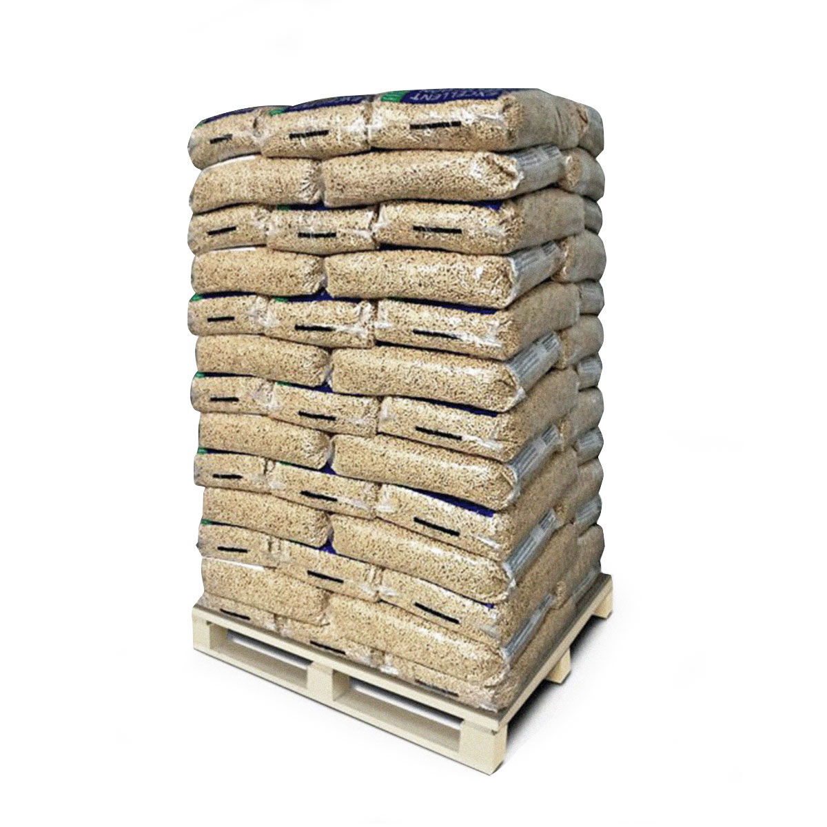 Stor palle med sække fyldt med træpiller