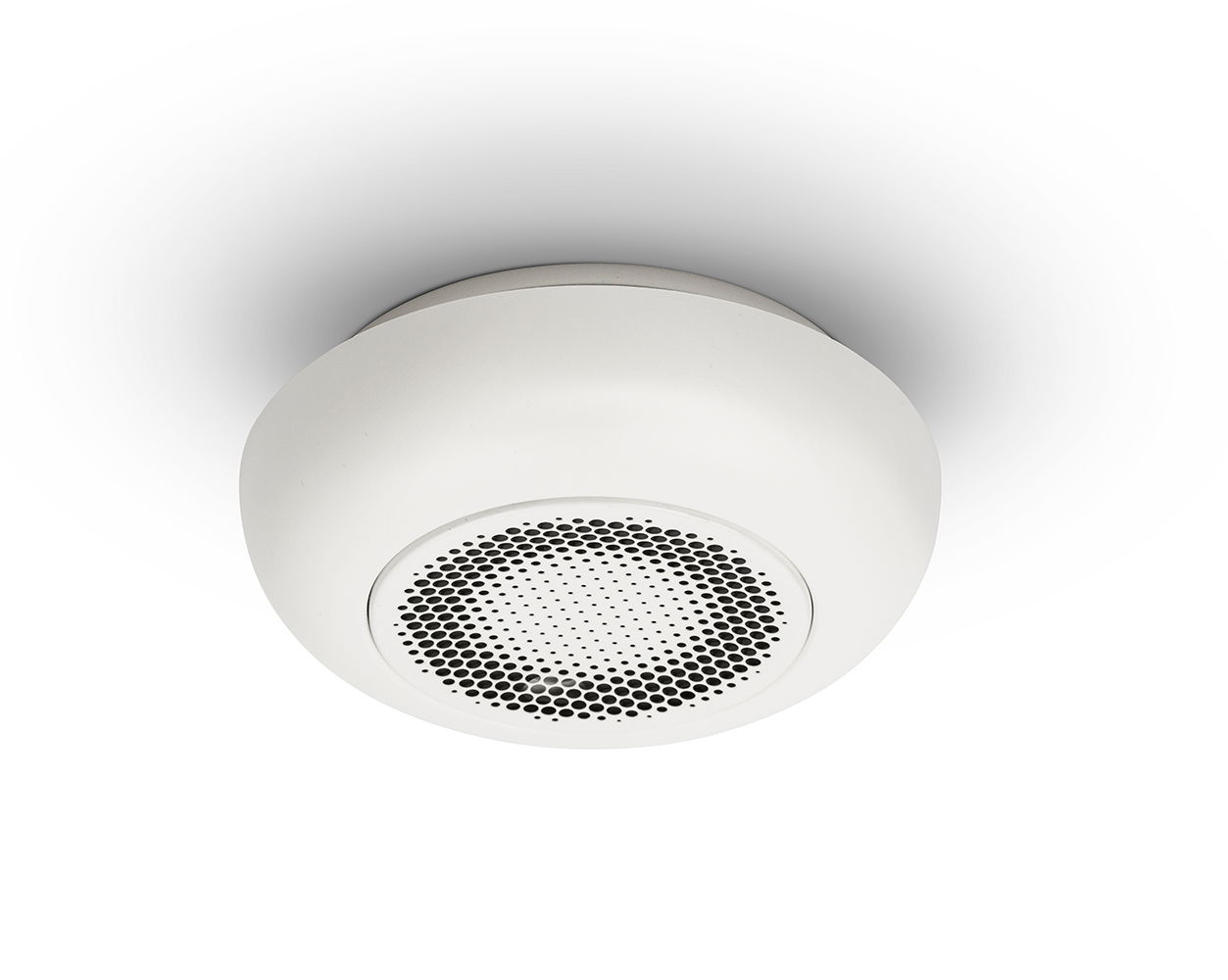 Rund hvid loftshøjttaler med metalgitter