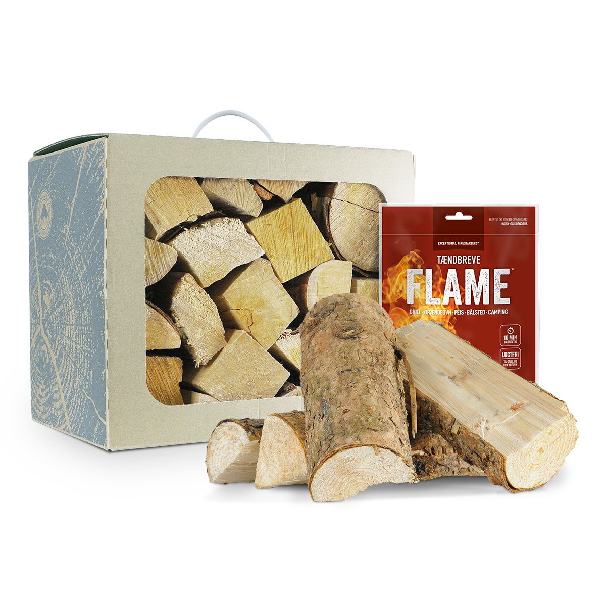 Brænde i kasse med FLAME optændingsbreve foran