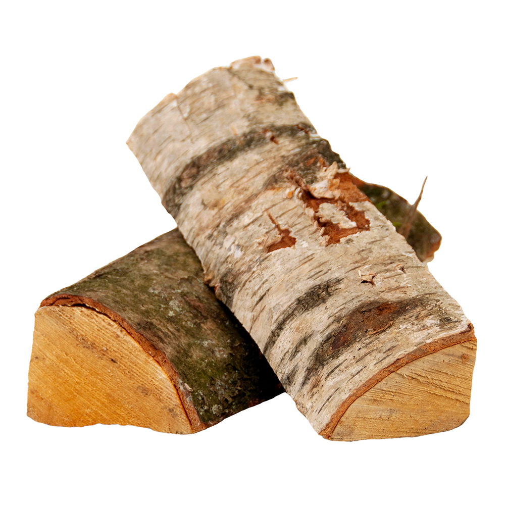 To stykker kløvet birkebrænde til optænding