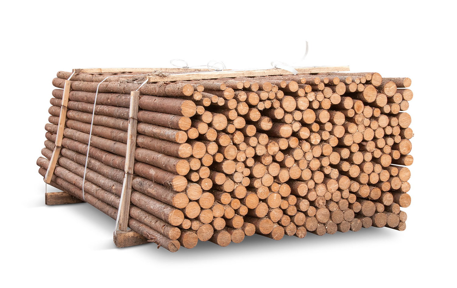 Palle med stablede runde træpæle i forskellige størrelser