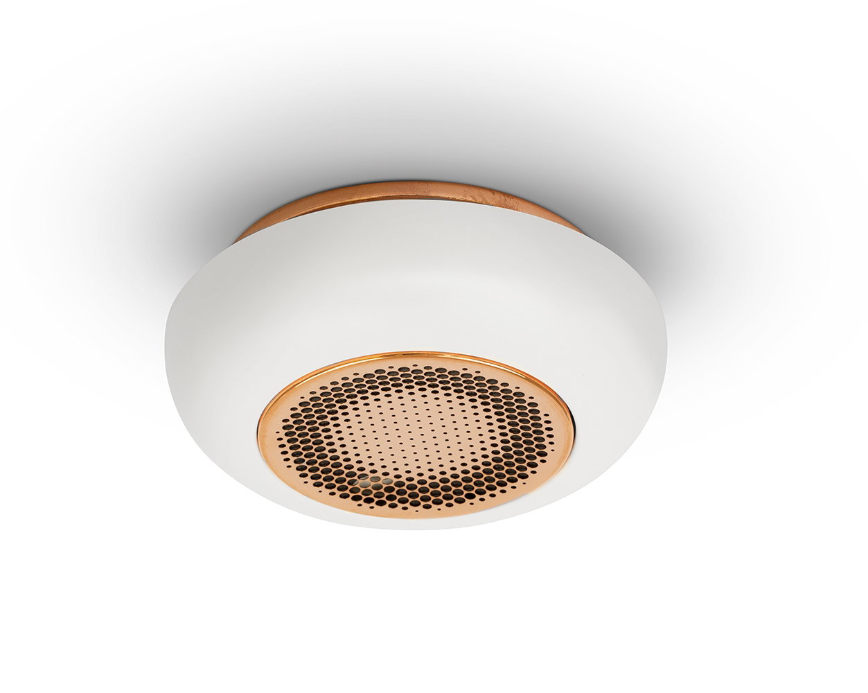 Loftlampe i hvid og kobber, rund Rund loftlampe i hvid med kobberdetaljer