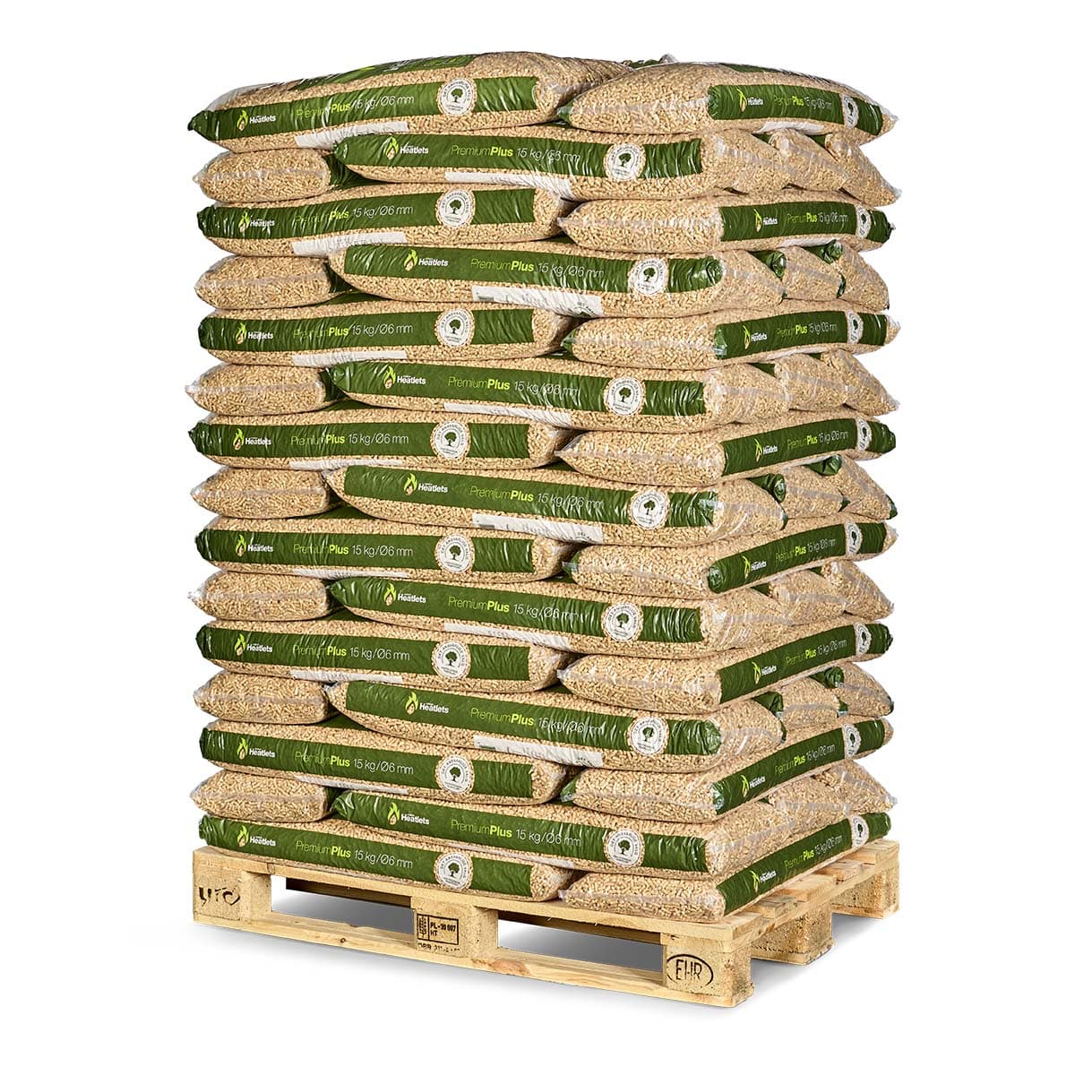 Hel palle med poser af træpiller på EUR-palle