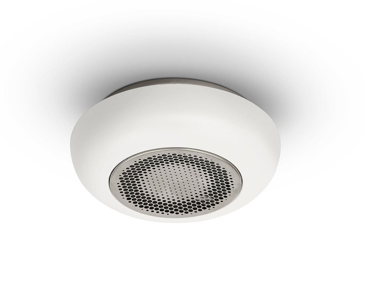 Rund loftshøjtaler i hvidt design Kompakt rund loftshøjtaler i hvid med metalgitter