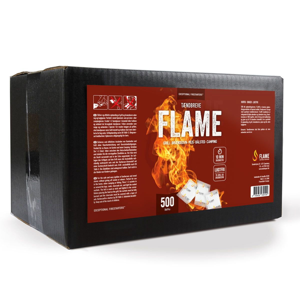 FLAME tændbreve 500 stk til grill og bål Kasse med FLAME tændbreve 500 stk til grill og bål