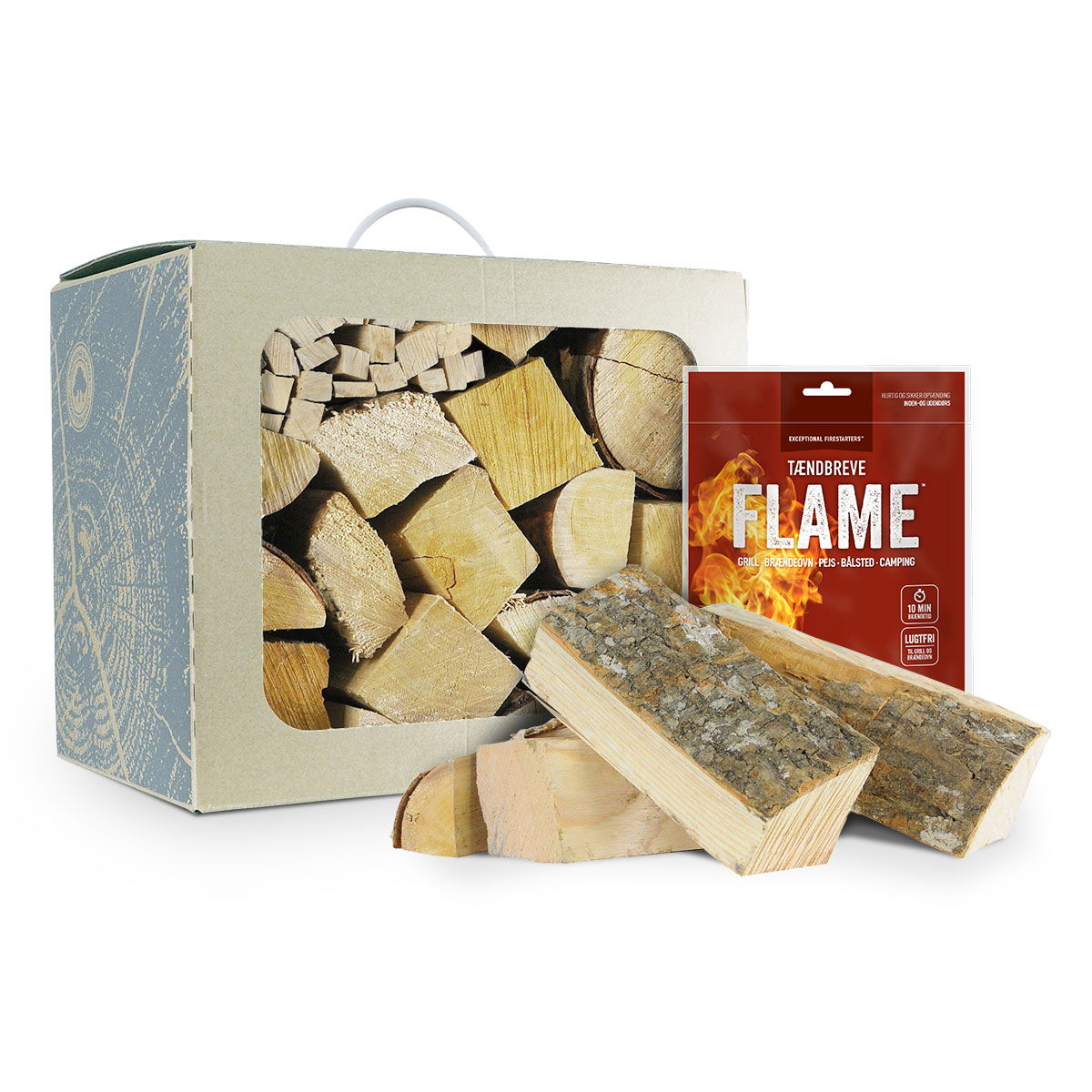Kasse med brænde og FLAME optændingsbreve foran