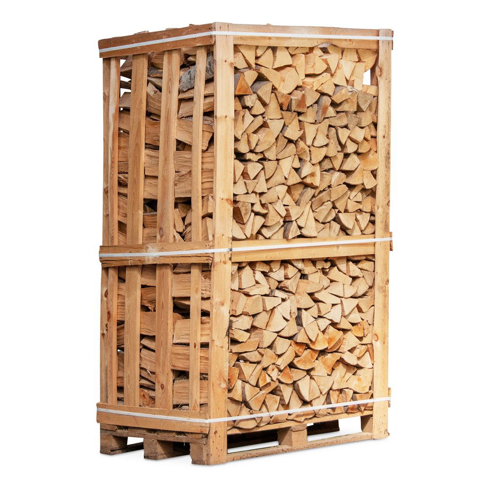 Stor palle med ovntørret kløvet brænde i bur