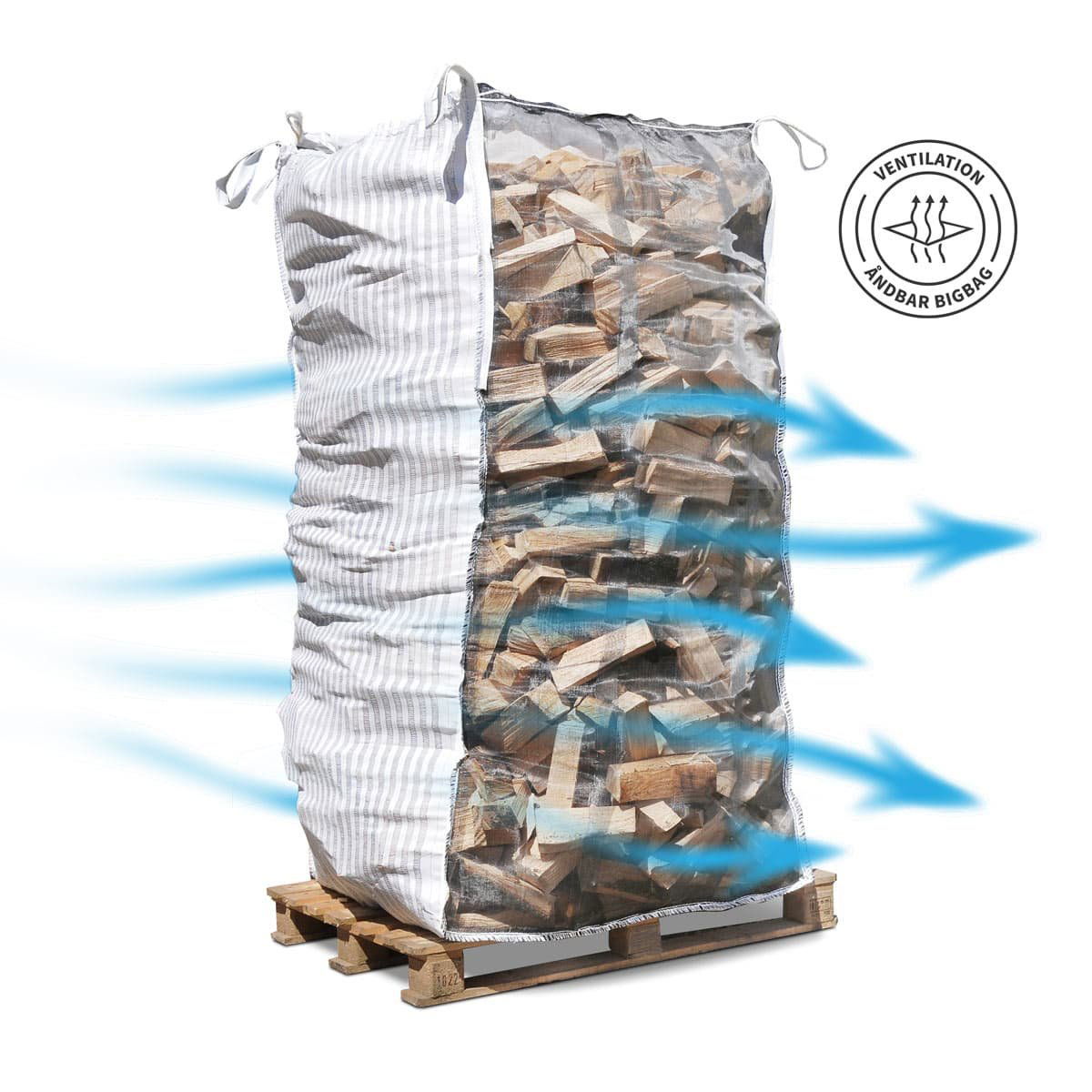 Ventileret bigbag med brændeknuder på palle