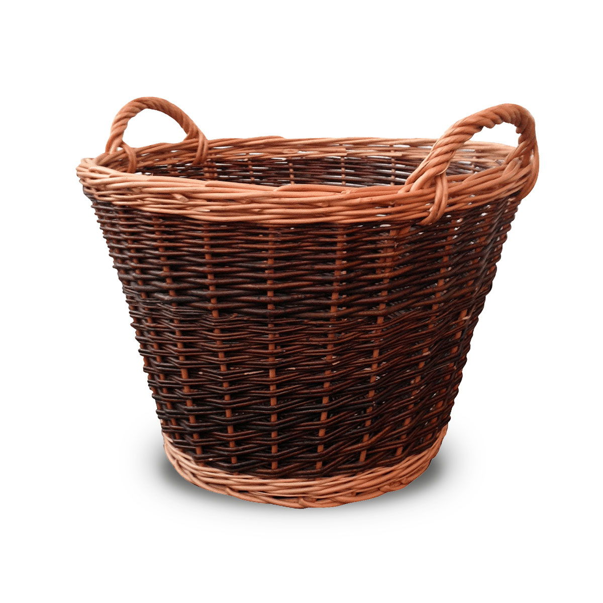 Rund brun flettekurv i pil med to håndtag