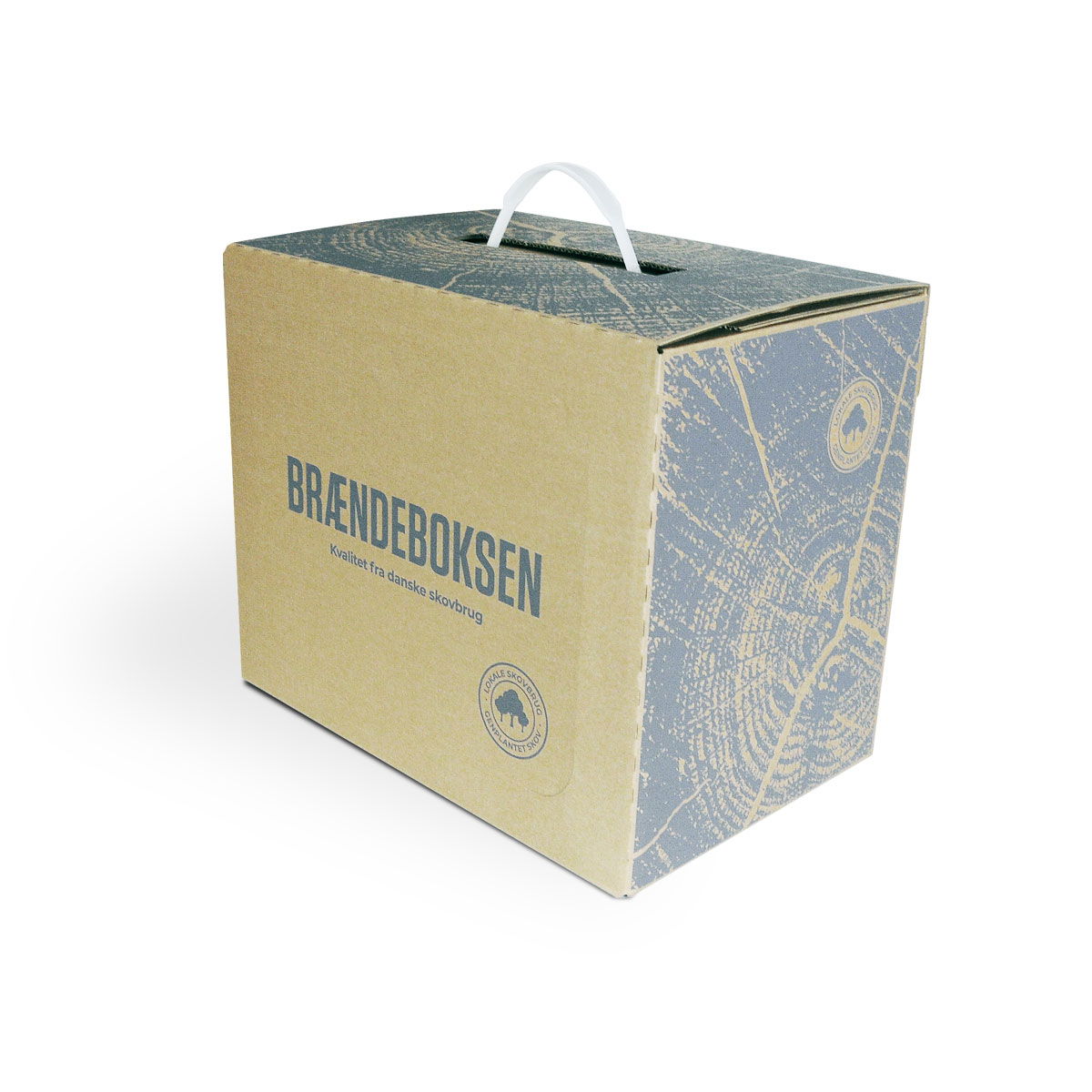 Kartonæske BRÆNDEBOKSEN med bærehåndtag
