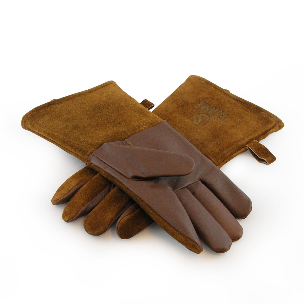 Brune grillhandsker i læder og ruskind