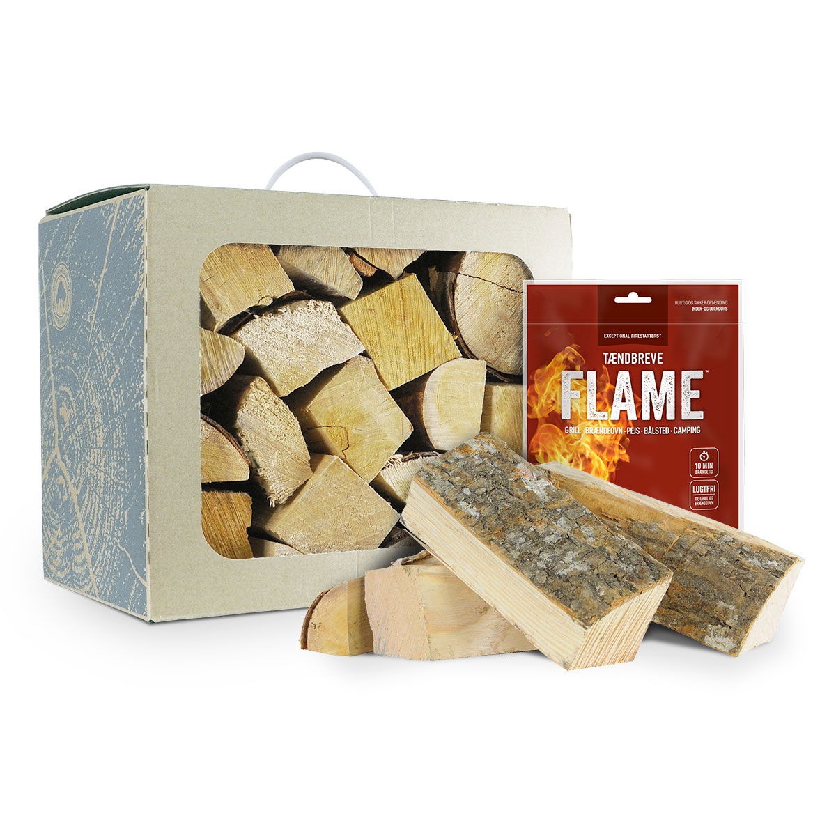 Kasse med kløvet brænde og FLAME tændbreve
