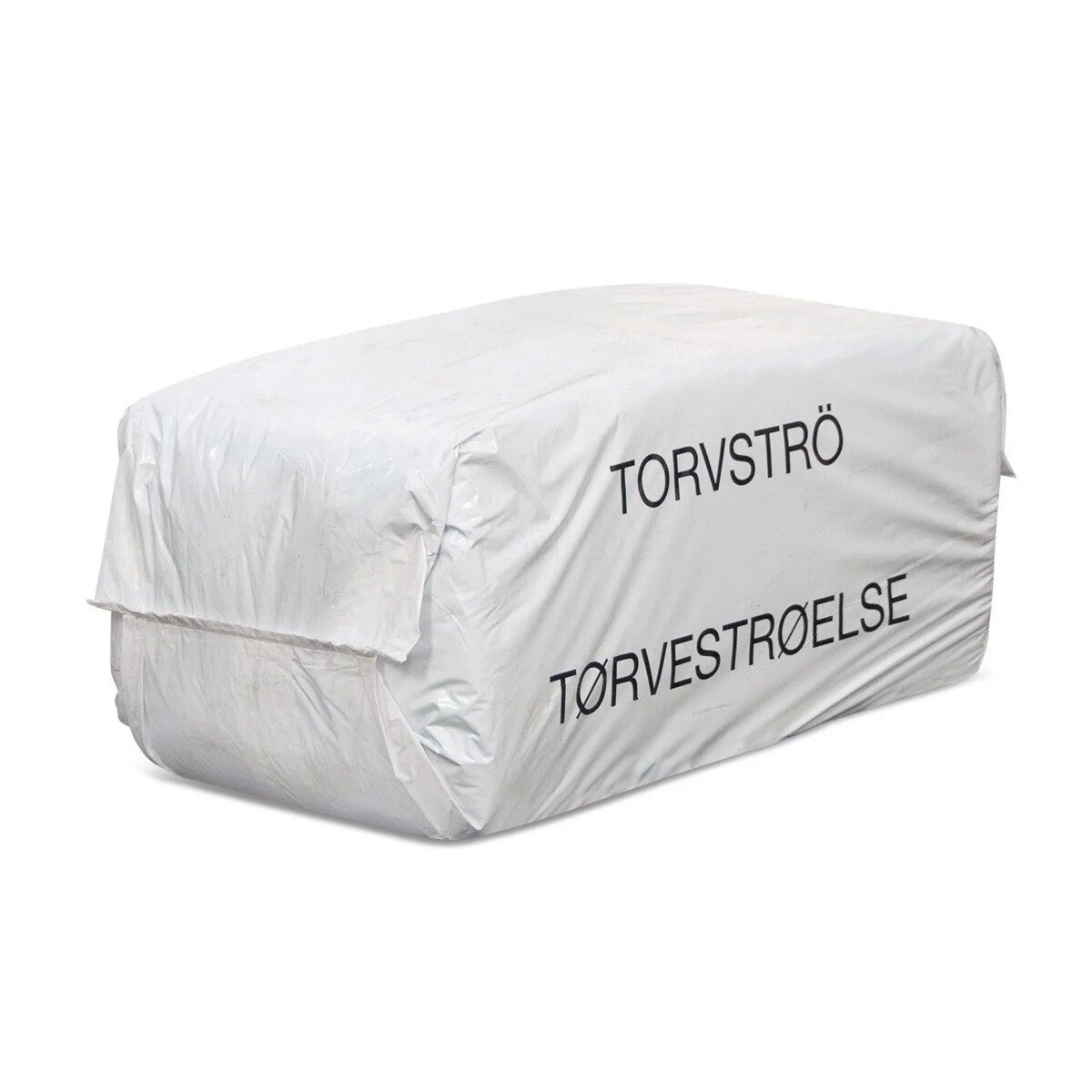 Hvid plastindpakket balle med tørvestrøelse