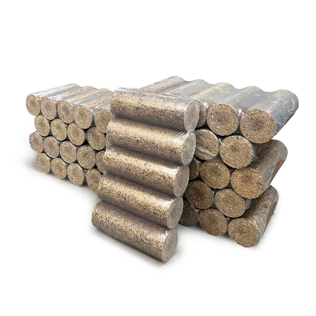 Stablede runde træbriketter i plastfolie