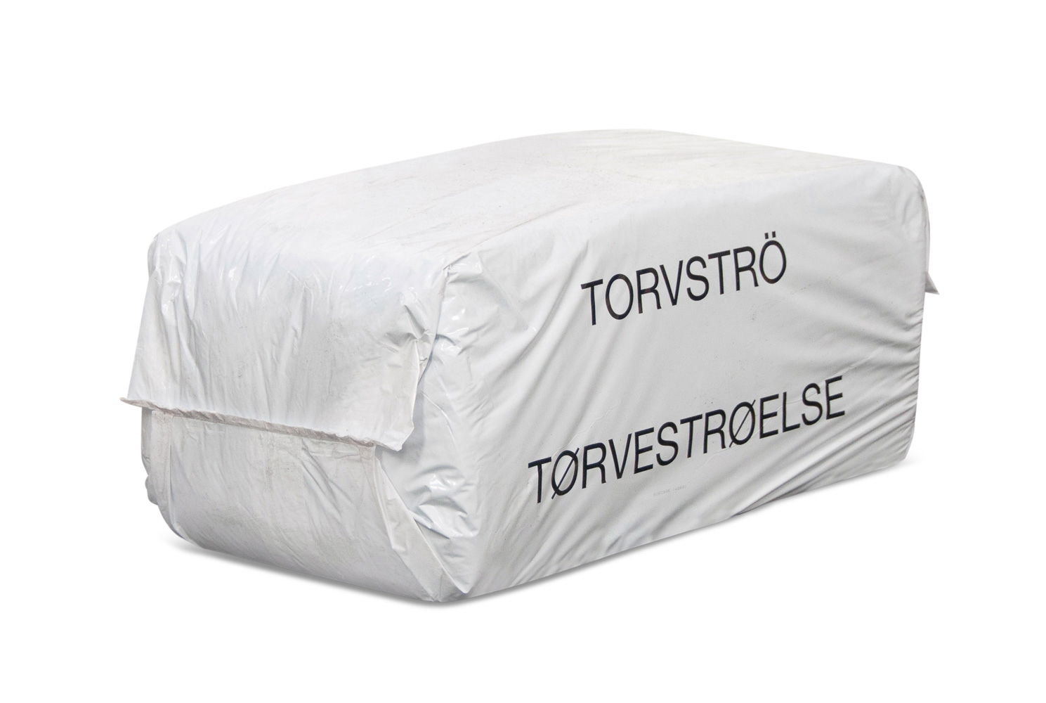 Hvid plastindpakket balle med tørvestrøelse