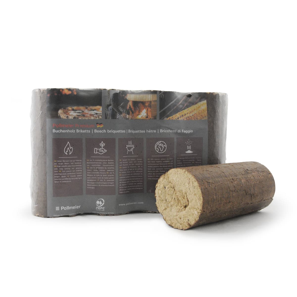 Deluxe Bøgebriketter Premium 960 kg – tyske bøgebriketter fra BMB, lavt askeindhold, Ø9x22 cm, hårdt pressede briketter i poser à ca.6 kg Pakket Deluxe Bøgebriketter Premium fra BMB med én løs, tætpresset bøgebriket i forgrunden; tysk kvalitet, lavt askeindhold og størrelse Ø9x22 cm, velegnet til brændeovne