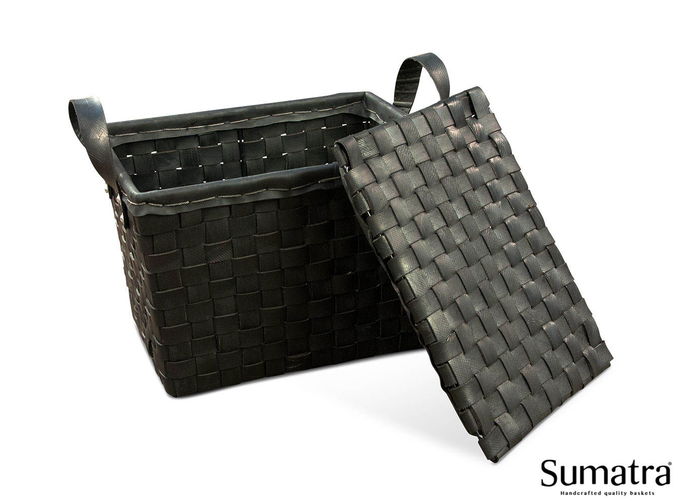 Rektangulær sort fletkurv med aftageligt låg