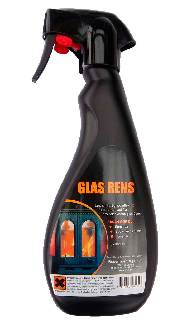 Sort sprayflaske med glasrens til brændeovnsruder