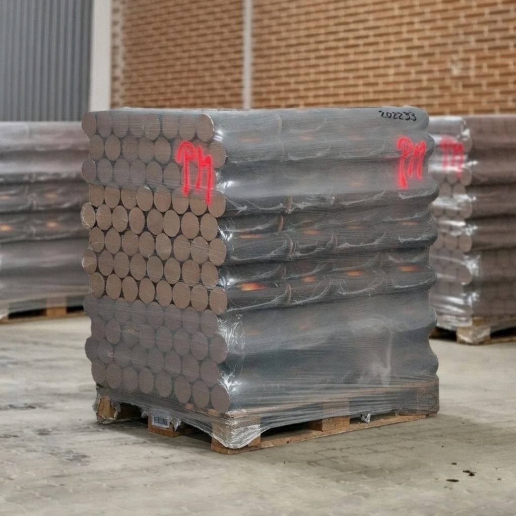 Deluxe bøgebriketter Premium Plus - BMB (inkl. 10 poser optænding) Palle med BMB Deluxe bøgebriketter Premium Plus, rundformede bøgebriketter stablet og indpakket i plastfilm, levering inkluderer 10 poser optænding