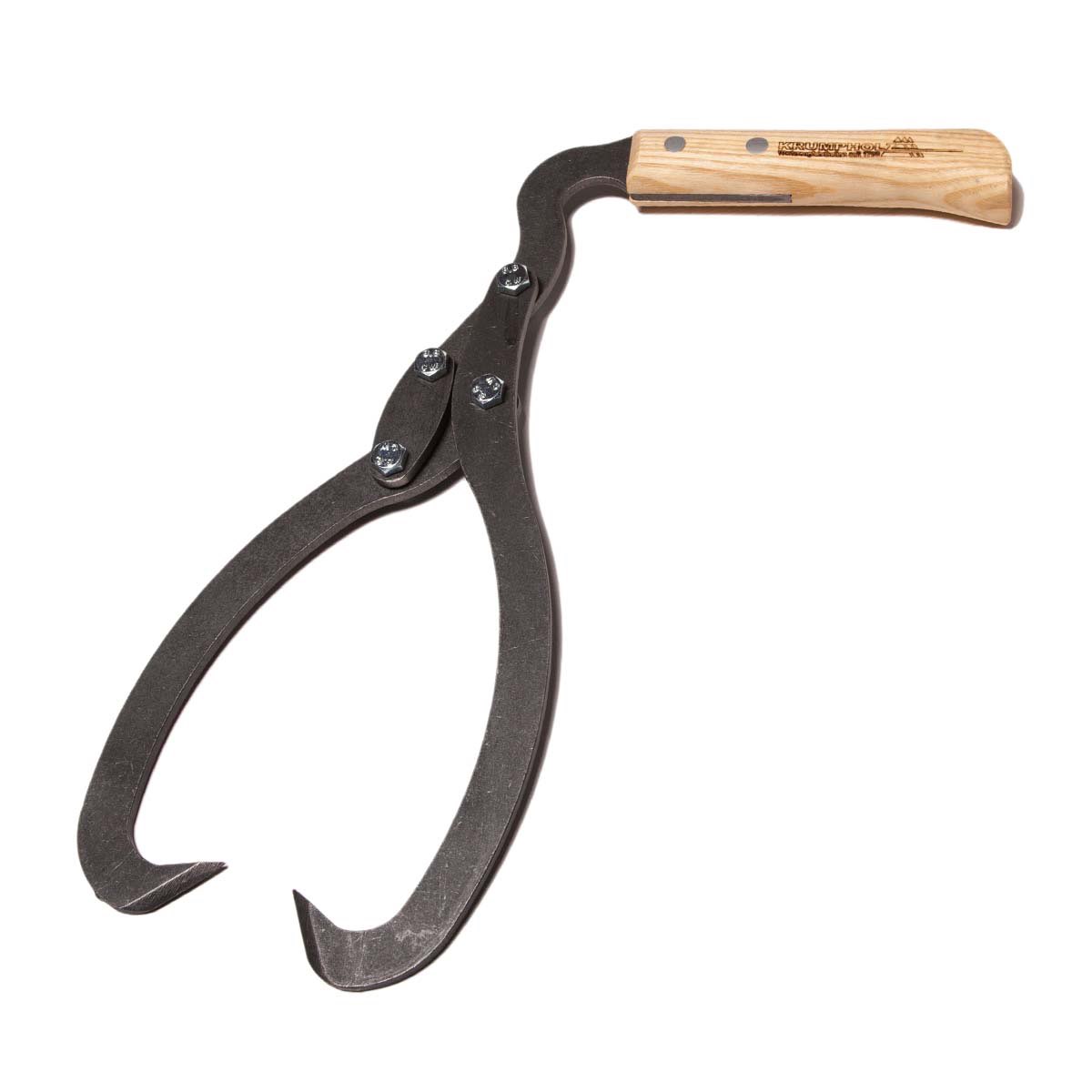 Sort brændetang med kroge og lyst træhåndtag