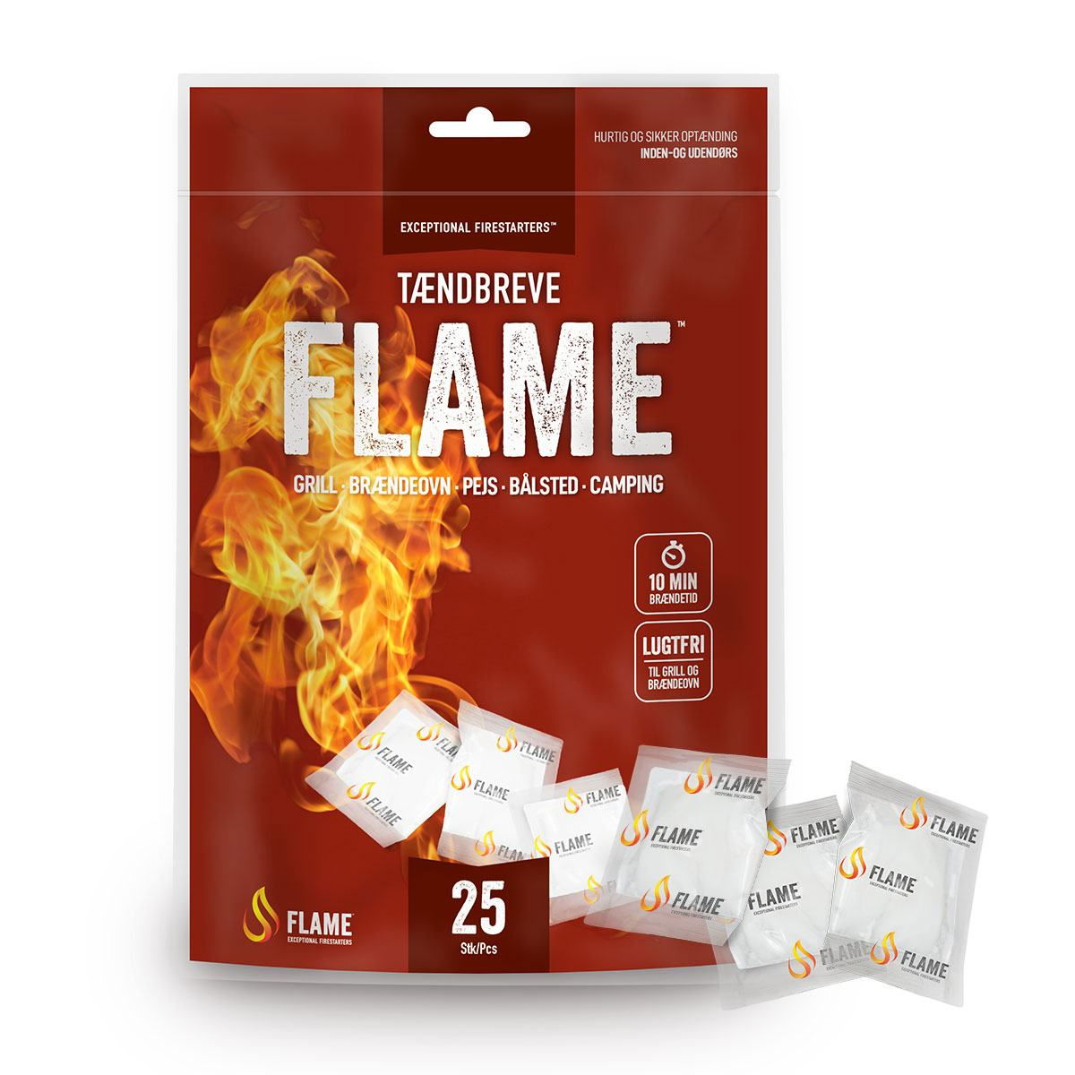Pakke med 25 FLAME tændbreve til grill og pejs