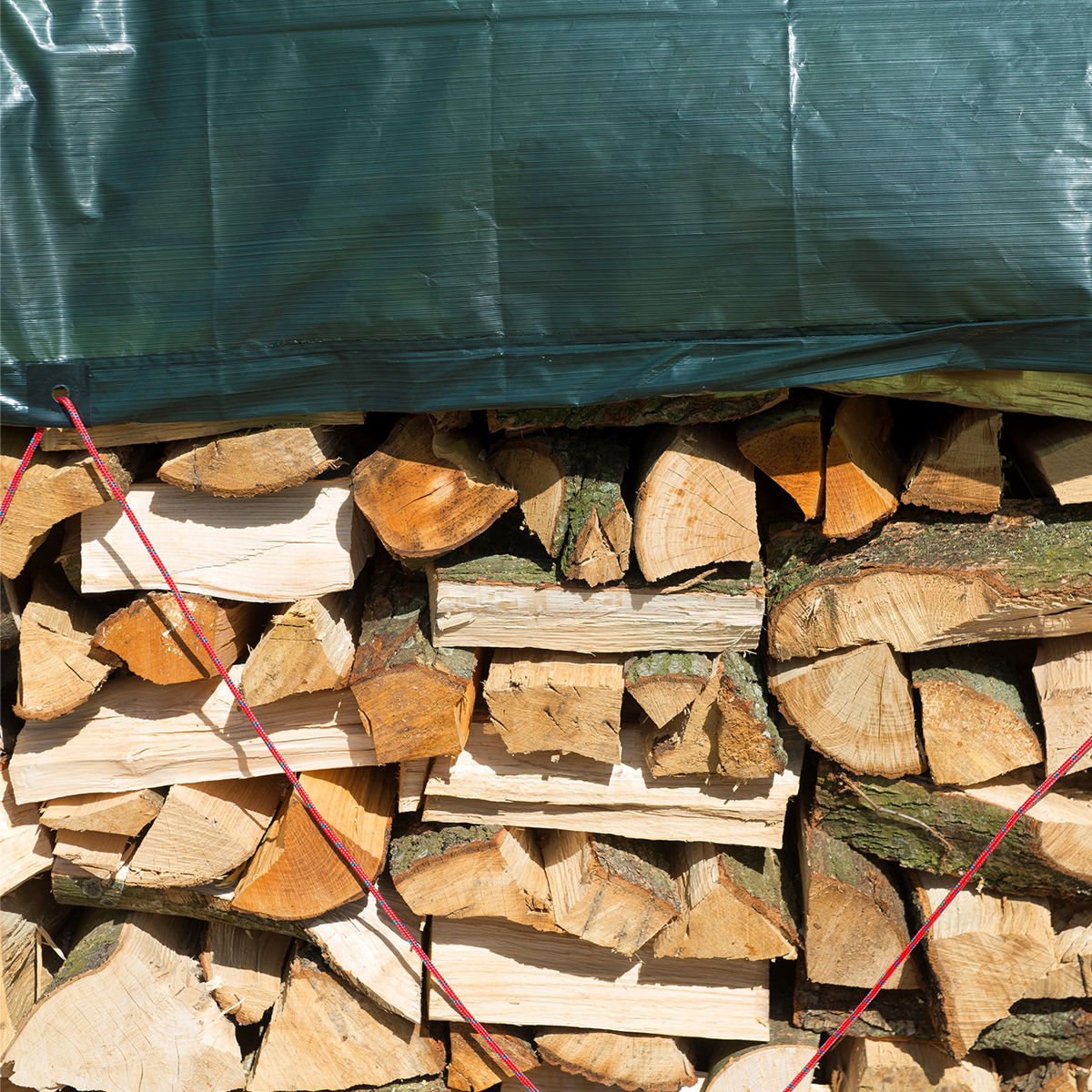 Stabelt brænde dækket af stærk presenning