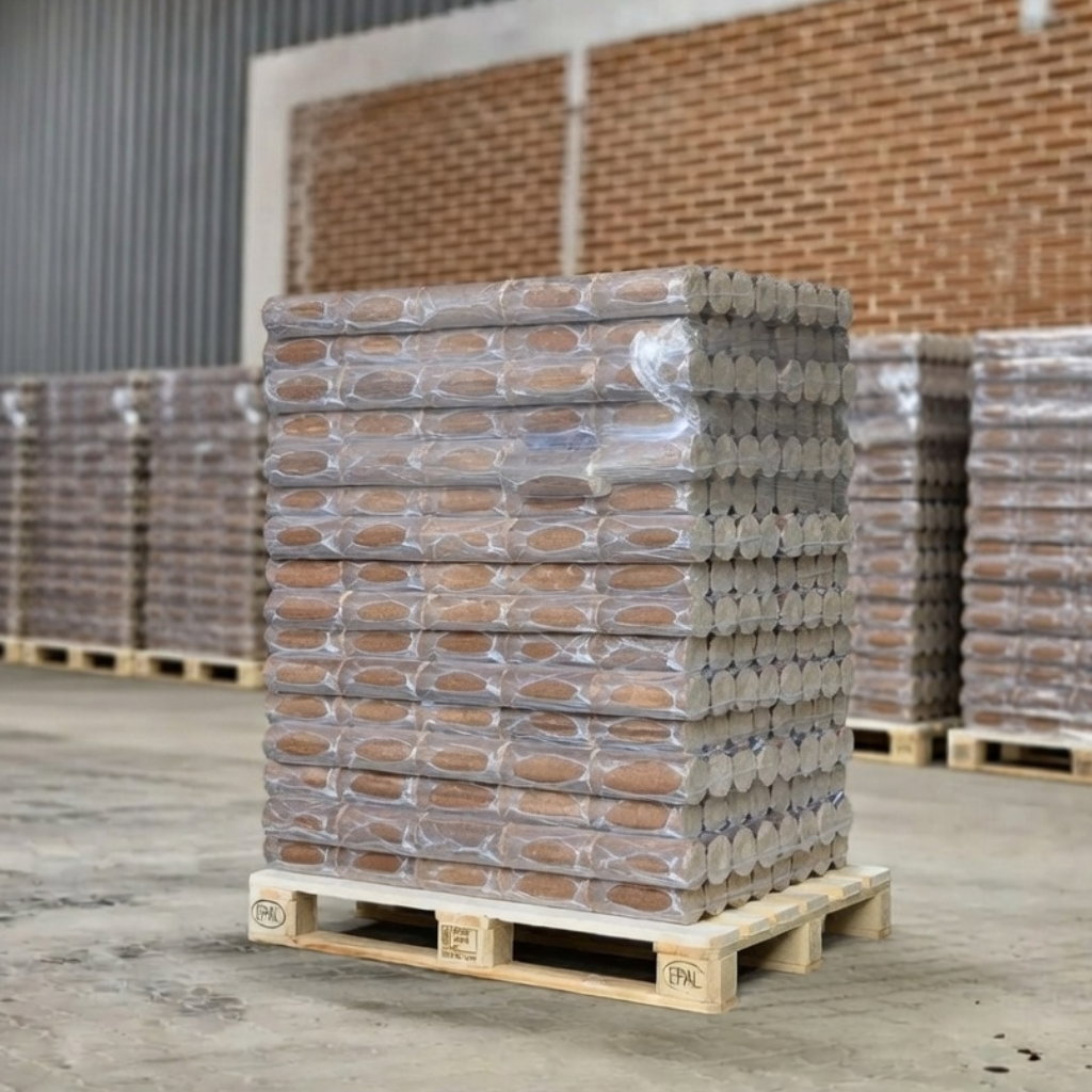 Deluxe Bøgebriketter Premium - inkl. 10 poser optænding | BMB Palle med Deluxe Bøgebriketter Premium fra BMB, indpakket i plast og inkl. 10 poser optænding, tæt stablede bøgebriketter på lager