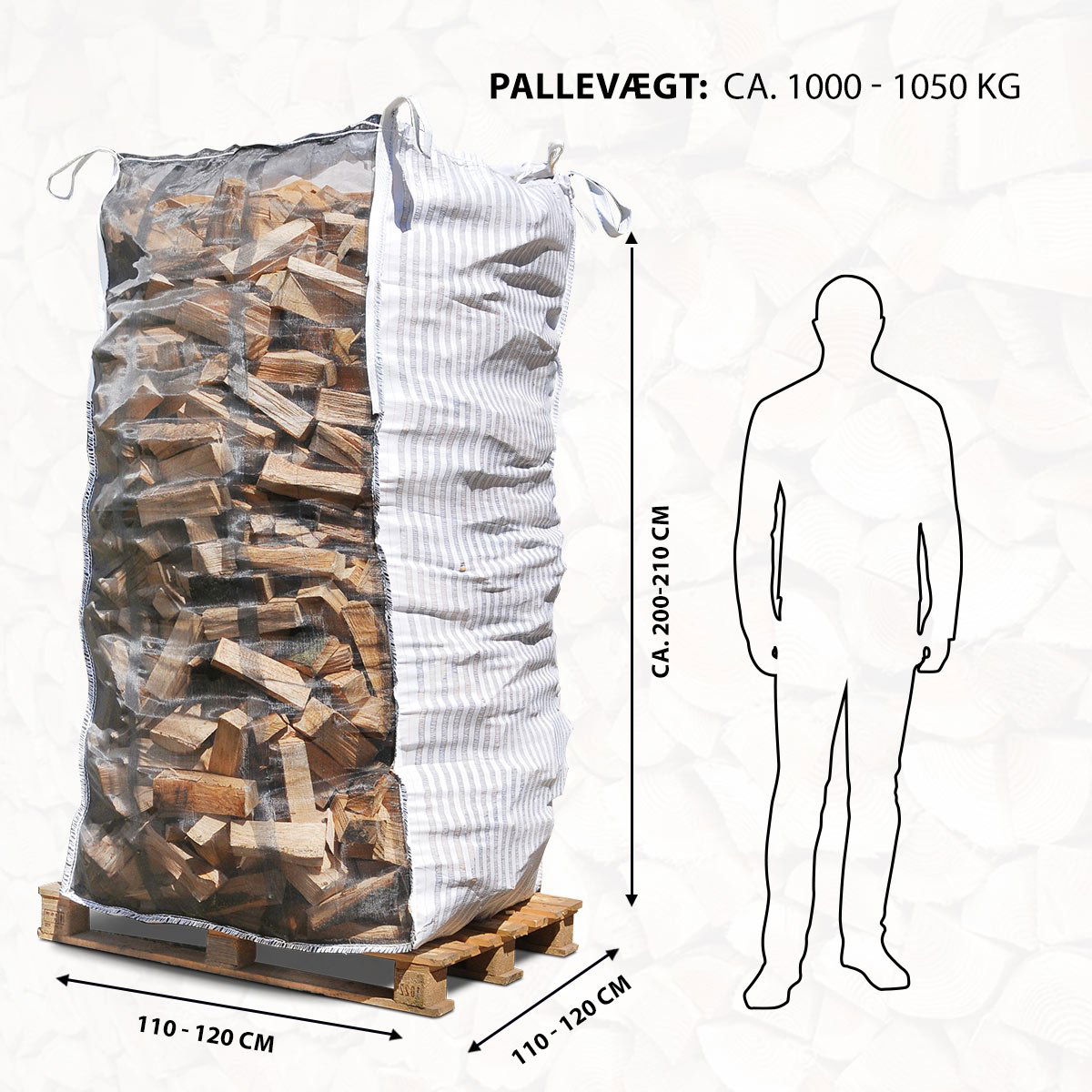Stor sæk med brænde på palle, 200 cm høj
