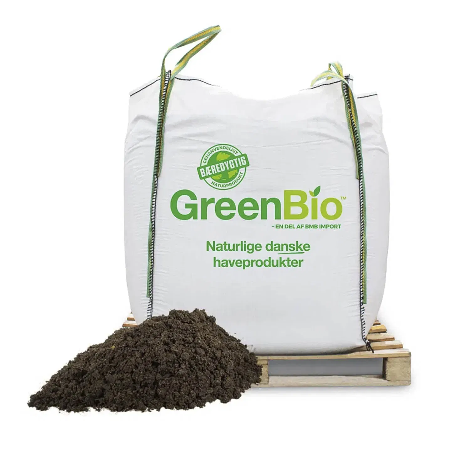 Stor GreenBio bigbag med naturgødning på palle