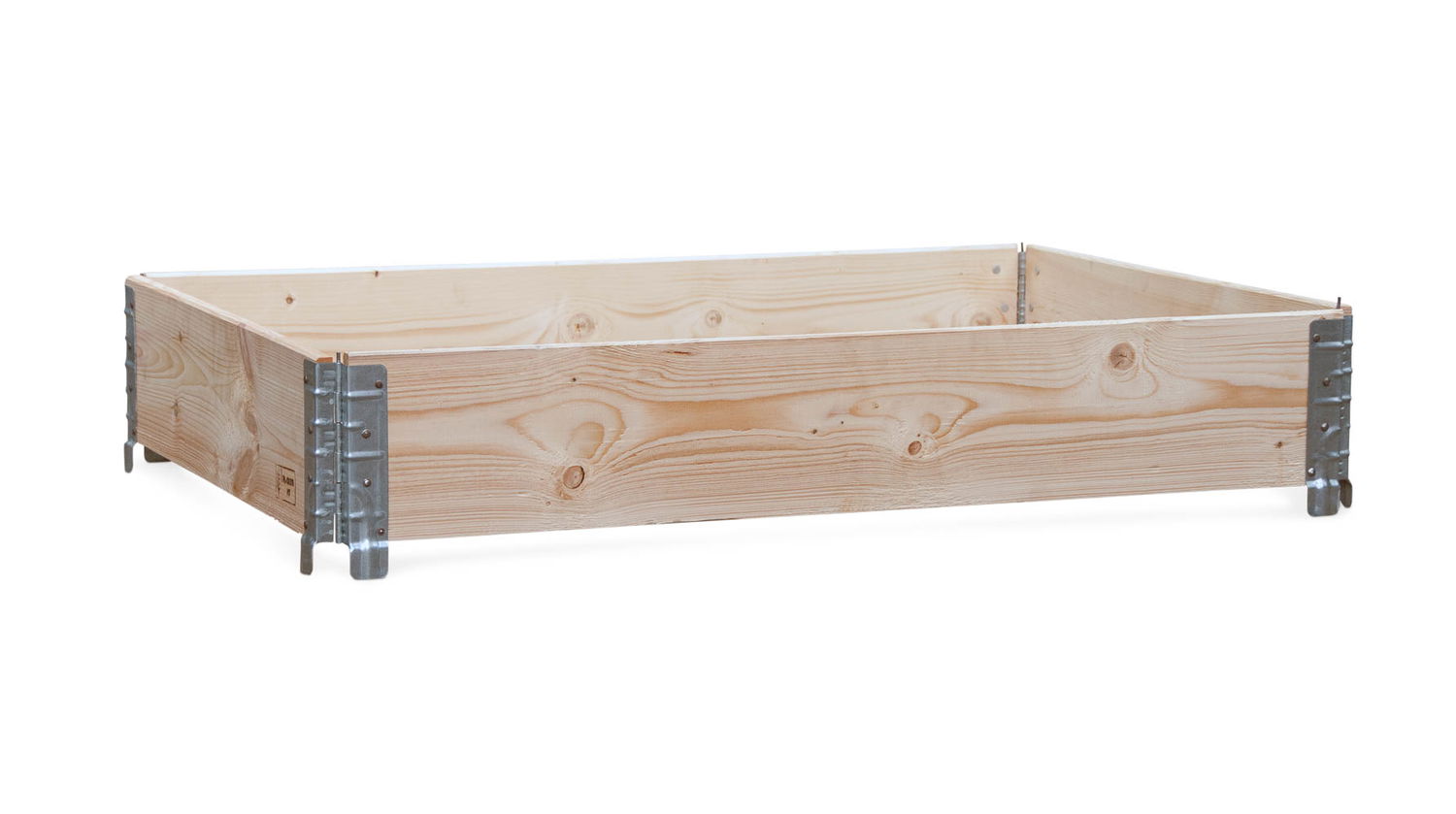 Rektangulær træpallekrave med metalbeslag