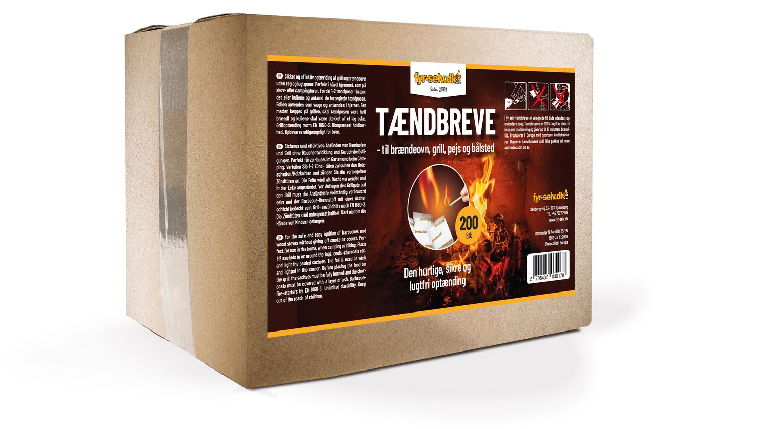 Kasse med fyr-selv tændbreve til brændeovn, grill og pejs